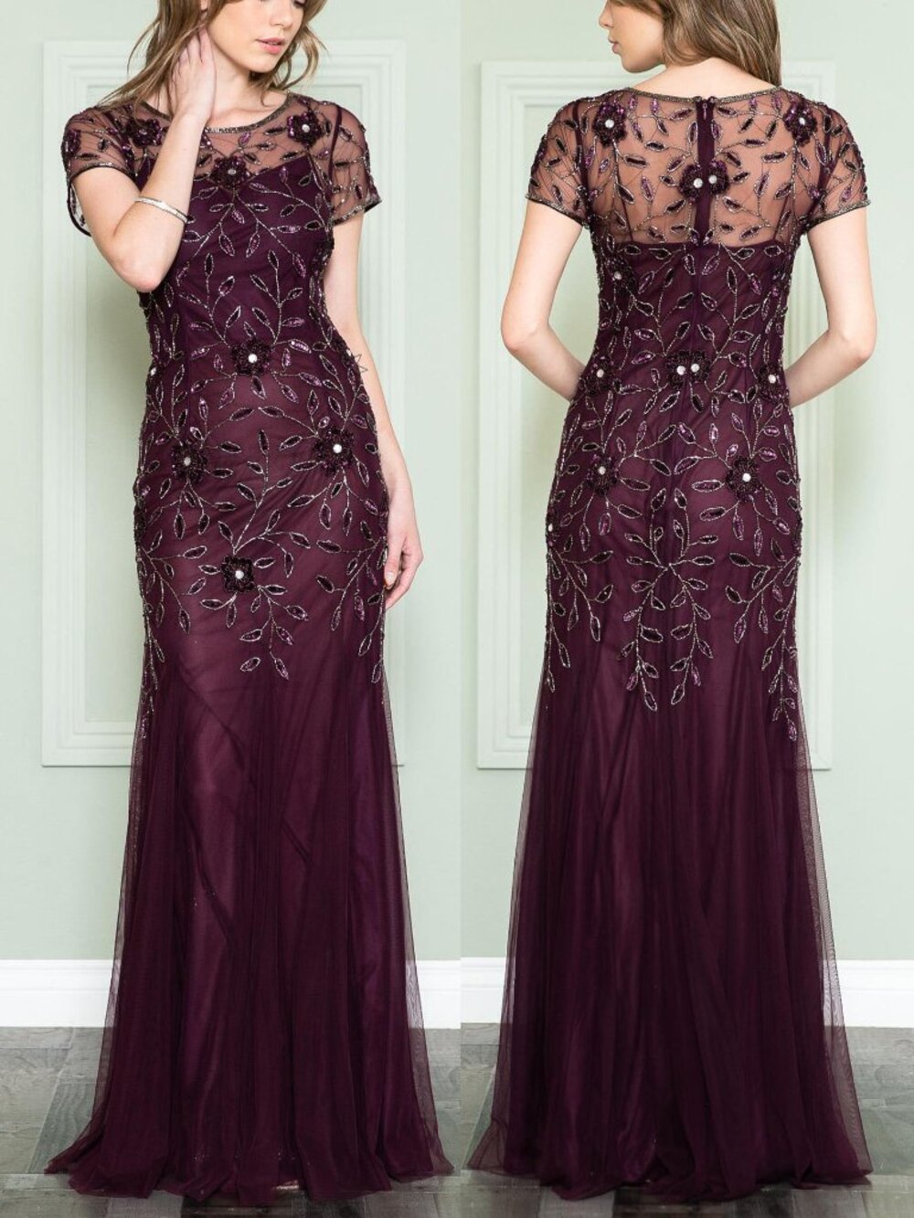 Formal Eggplant Purple Sequin Floral Chiffon Wedding Evening Dress 6